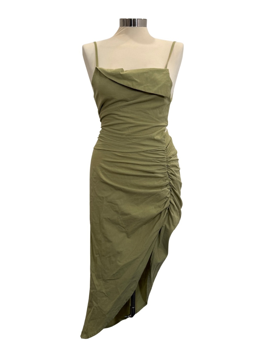 Olive Green Ruched Asymmetric Slip Dress